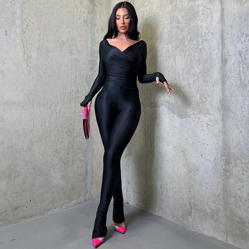 Fashion Women's Two Piece Set Autumn/winter 2025 New Solid Sexy Cross V-Neck Set Long Sleeve Pants Casual Set