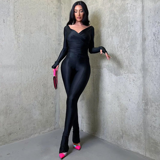 Fashion Women's Two Piece Set Autumn/winter 2025 New Solid Sexy Cross V-Neck Set Long Sleeve Pants Casual Set