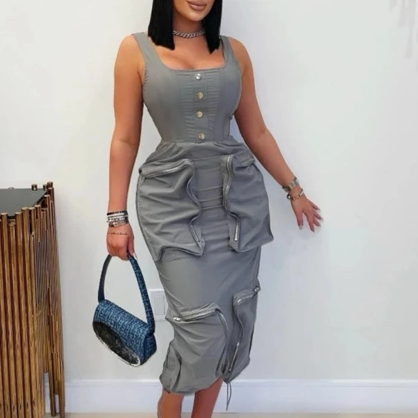 FAGADOER Elegant Cargo Pockets Patchwork Bodycon Long Dress for Woman Spaghetti Strap Backless Zip Dresses Casual Vestidos New
