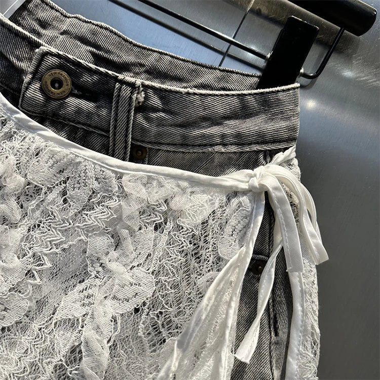 Ruffle Leaf Edge Irregular Curtain Skirt Sweet A Line Skirt Lace Splicing Denim Shorts Street Hipster Denim Shorts Women