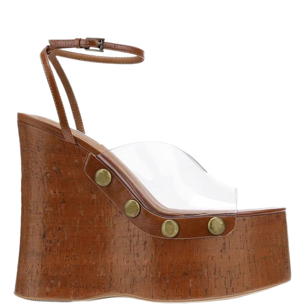 Large Rivets Embedded PVC Strap Women’s Sandals Peep Toe Wedges Super High Heels Tall Platform Sandales à Talons Heighten Shoes