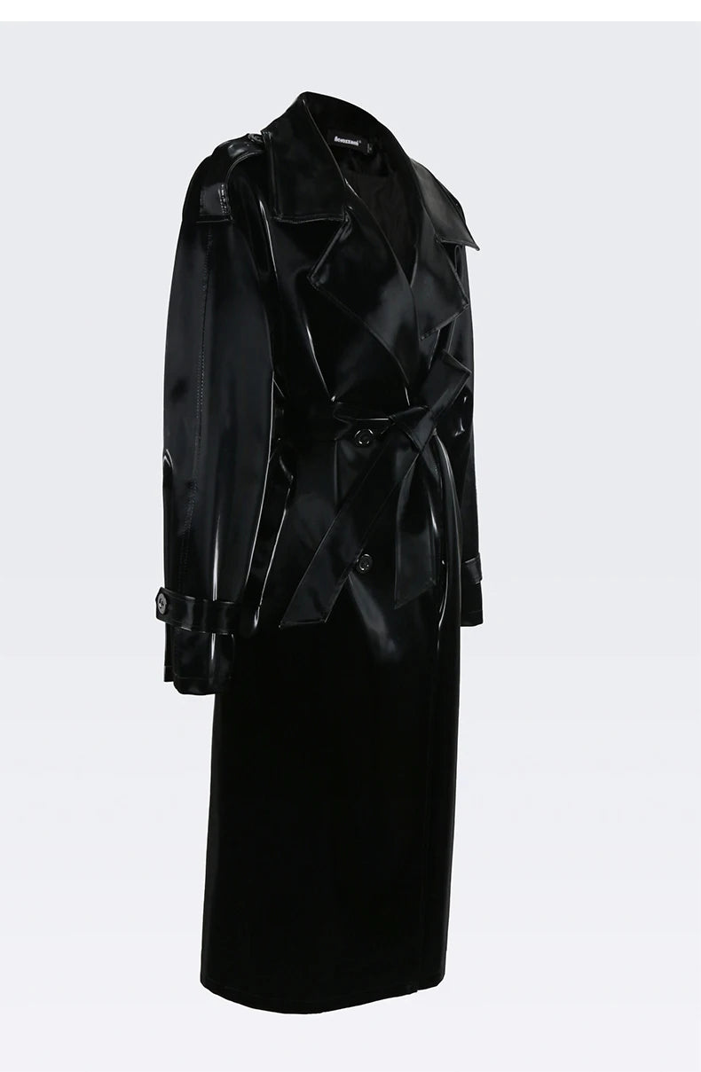 Nerazzurri Autumn Long Cool Black Shiny Glitter Patent Faux Leather Trench Coat for Women Sashes Double Breasted Europe Fashion