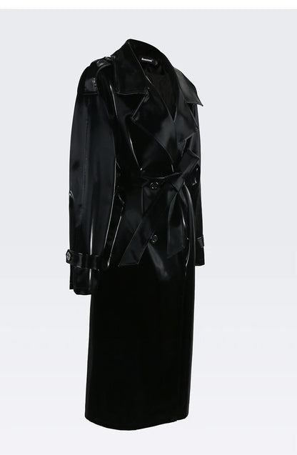 Nerazzurri Autumn Long Cool Black Shiny Glitter Patent Faux Leather Trench Coat for Women Sashes Double Breasted Europe Fashion