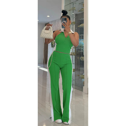 CM.YAYA Sporty Patchwork Women's Set Sleeveless Polo-tank Tops and Slit Flare Pants 2025 Active Two 2 Piece Set Outfit Tracksuit
