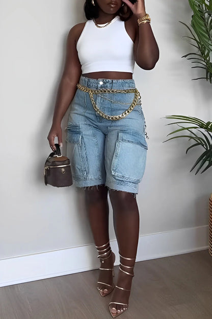CM.YAYA Women Fashion Pocket Side Straight Knee Length Cargo Jeans 2025 Summer Party Street Short Pants