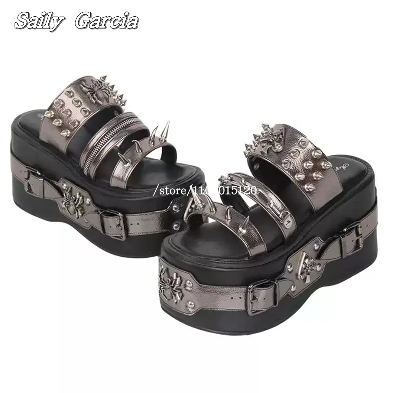 Punk Style Metal Rivet Thick Sole 10CM Heel Slippers Open Toe Size 34-47 Original Customization Y2K Slides Silver Hollow Sandals