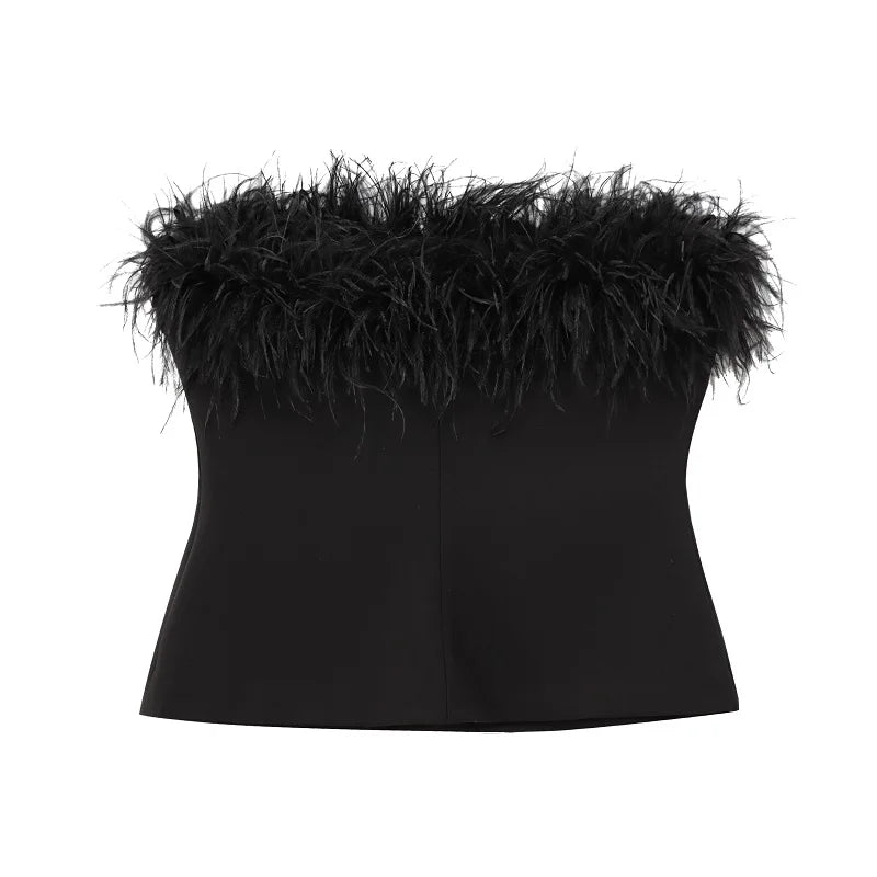 MUJER Black Feather Crop Top Women off Shoulder Corset Top Female Sexy Backless Tube Tops for Women Strapless Bustier Top Woman