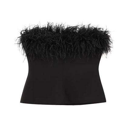 MUJER Black Feather Crop Top Women off Shoulder Corset Top Female Sexy Backless Tube Tops for Women Strapless Bustier Top Woman