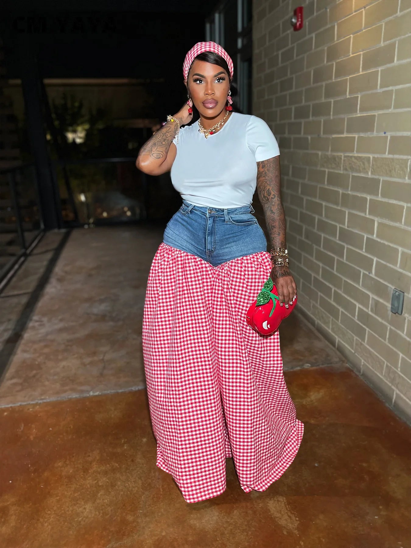 CM.YAYA Fashion Women Plaid Denim Patchwork Loose Wide Leg Jogger Pants 2025 Streetwear Active Hip Hop Sweatpants Trousers