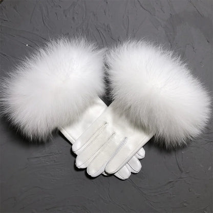 Jxwatcher Wholesale Fox Fur Gloves Winter Female Luxury Style Warm Sheepskin Genuine Leather Gloves Driving Thickening Mitten