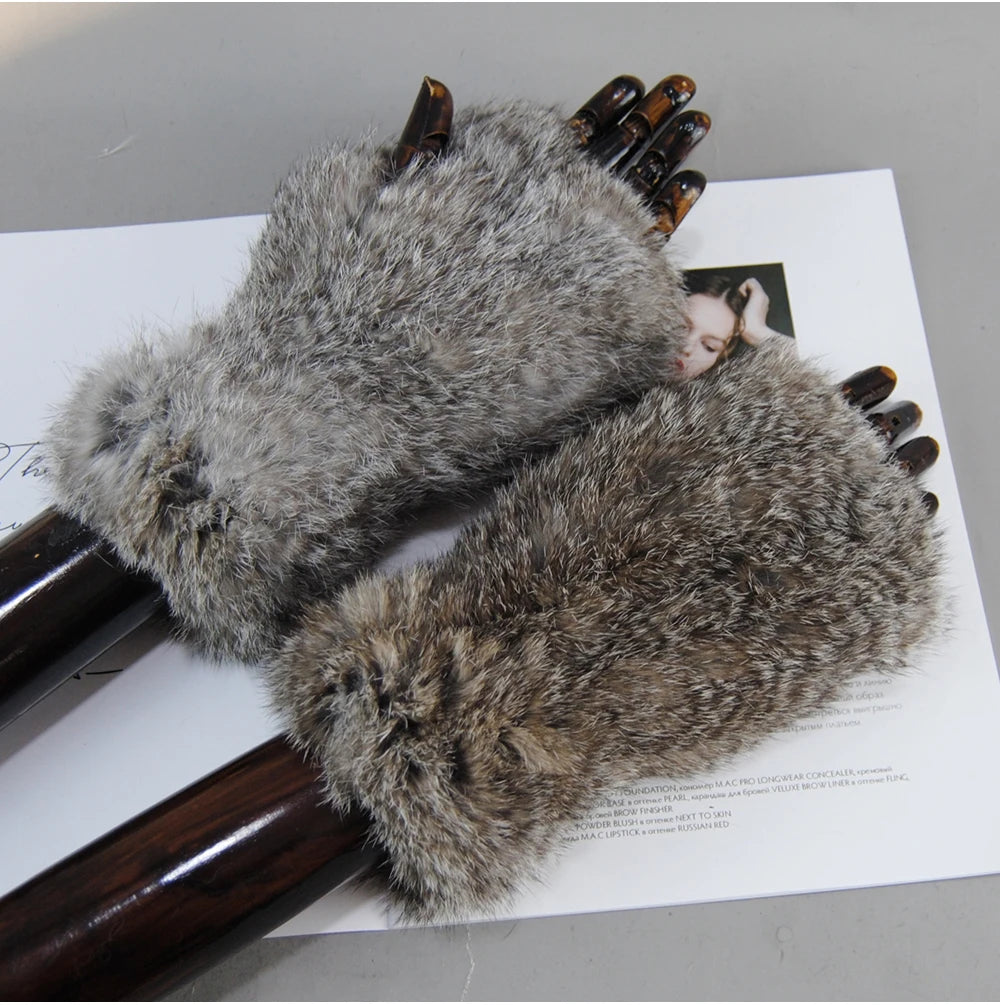 New Arrival Women Knit Fur Mitten Girls 100% Real Genuine Knitted Rex Rabbit Fur Mittens Winter Warm Real Fur Fingerless Gloves