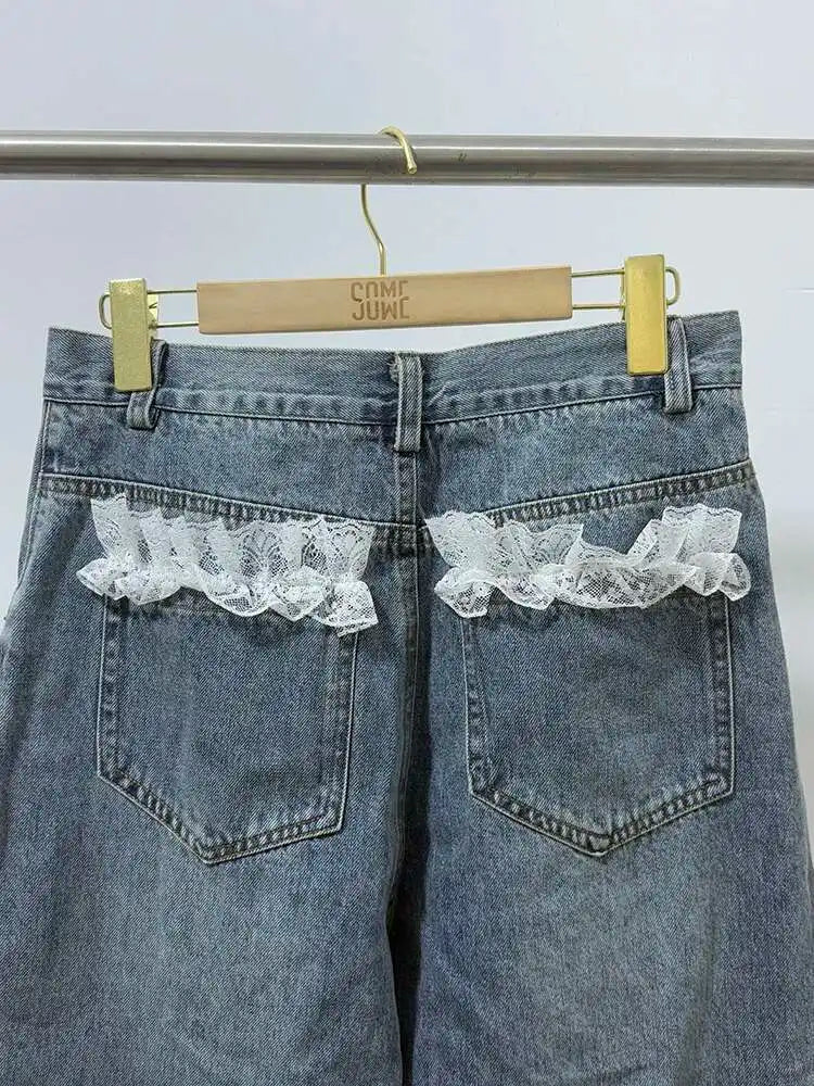 DEAT Women's Fashion Retro Lace Patchwork Denim Long Pants High Waist Wide Leg Jeans Female 2024 Arrival Winter New 11A02128