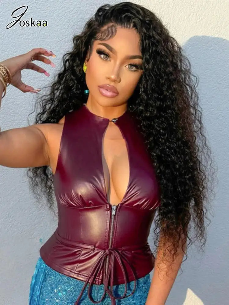 Joskaa 2025 Women's Pu Leather Tops Sexy Cutout Crew Neck Sleeveless Zip Front Tie Detail Tees Party Club Tshirts Y2K Streetwear