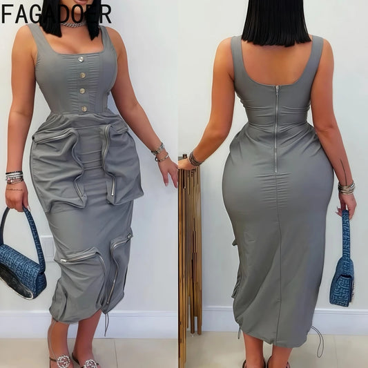 FAGADOER Elegant Cargo Pockets Patchwork Bodycon Long Dress for Woman Spaghetti Strap Backless Zip Dresses Casual Vestidos New