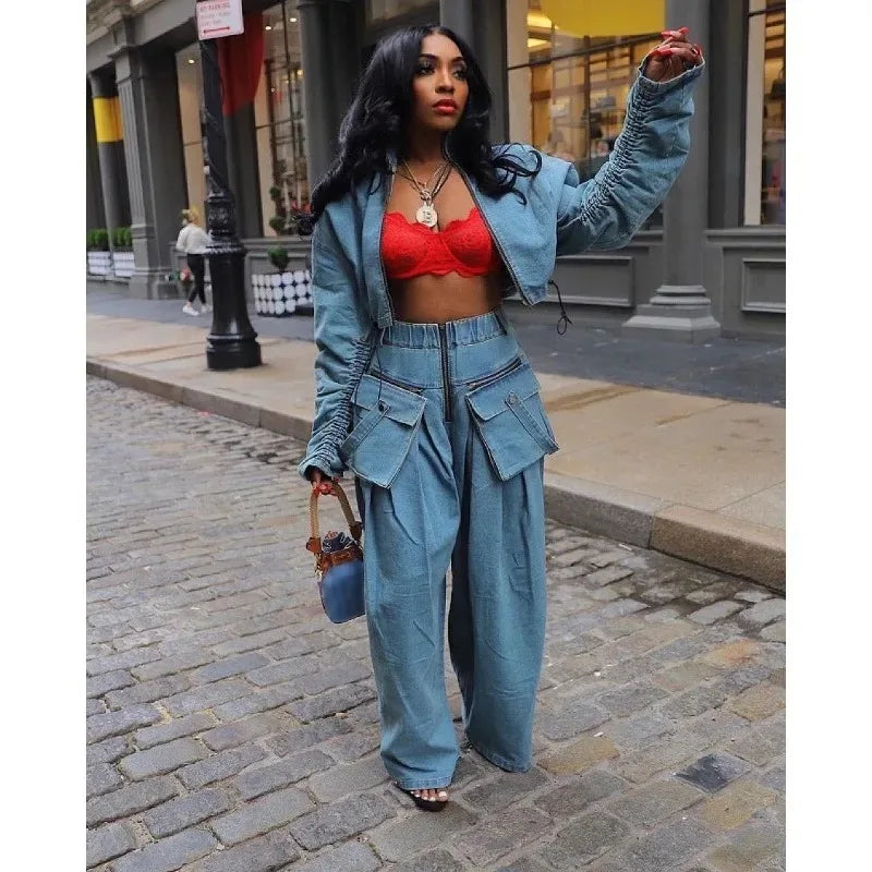 Casual Loose Denim Two Piece Set for Women Streetwear 2023 Autumn Zipper High Collar Crop Top Elastic Waist Wide Leg Cargo Pants