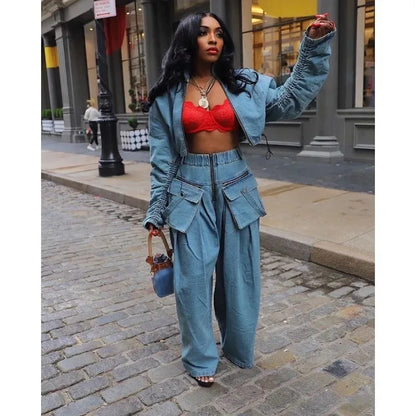 Casual Loose Denim Two Piece Set for Women Streetwear 2023 Autumn Zipper High Collar Crop Top Elastic Waist Wide Leg Cargo Pants
