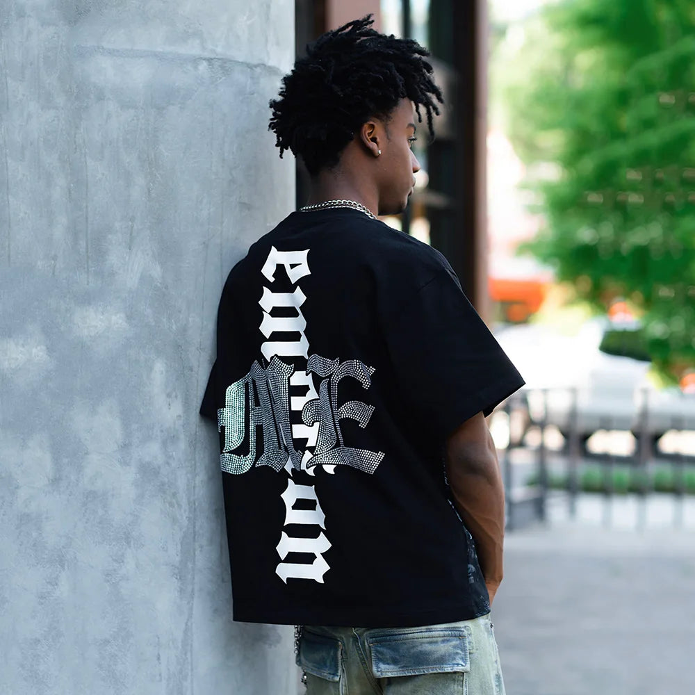 New Summer Letter Rhinestone Short Sleeve Black Mens Tshirts Streetwear Cotton Loose Round Neck Top Tees Oversized Unisex Tshirt