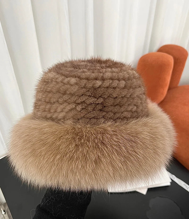 New Genuine Real Natural Knitted Mink Fur Hat Cap Luxury Women Handmade Knit Fashion Winter Headwear Warm Real Fox Fur Beanies