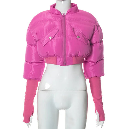 Sexy Y2K Cropped Puffer Jackets Women 2025 Winter Clothes Stand Collar Long Sleeve Warm Bubble Quilted Coat Female Outerwears