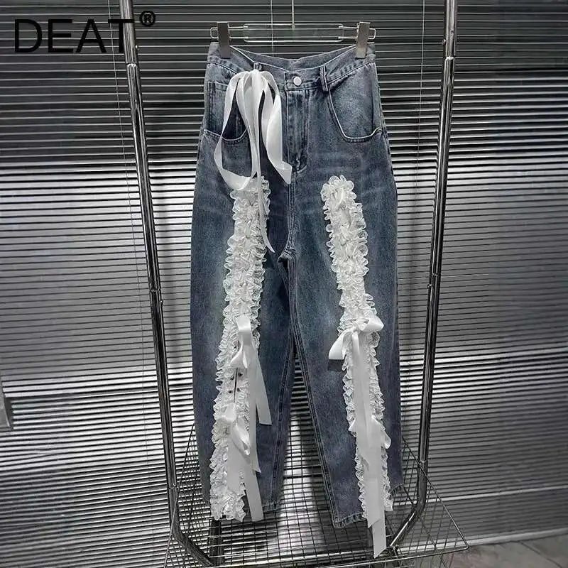 DEAT Women's Fashion Retro Lace Patchwork Denim Long Pants High Waist Wide Leg Jeans Female 2024 Arrival Winter New 11A02128