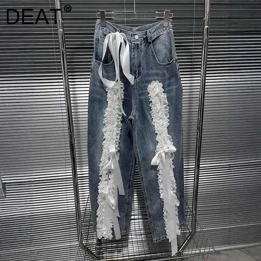 DEAT Women's Fashion Retro Lace Patchwork Denim Long Pants High Waist Wide Leg Jeans Female 2024 Arrival Winter New 11A02128
