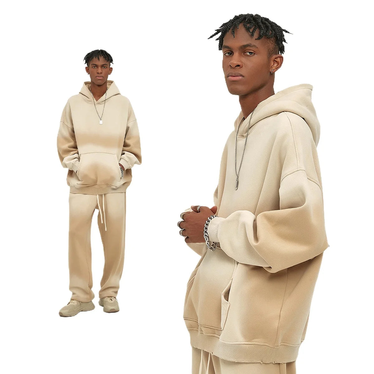 Custom LOGO 2025 autumn winter new 360G heavy sweater men's women's spray-dyeing old thickened hooded trendy sweater trousers clothes set