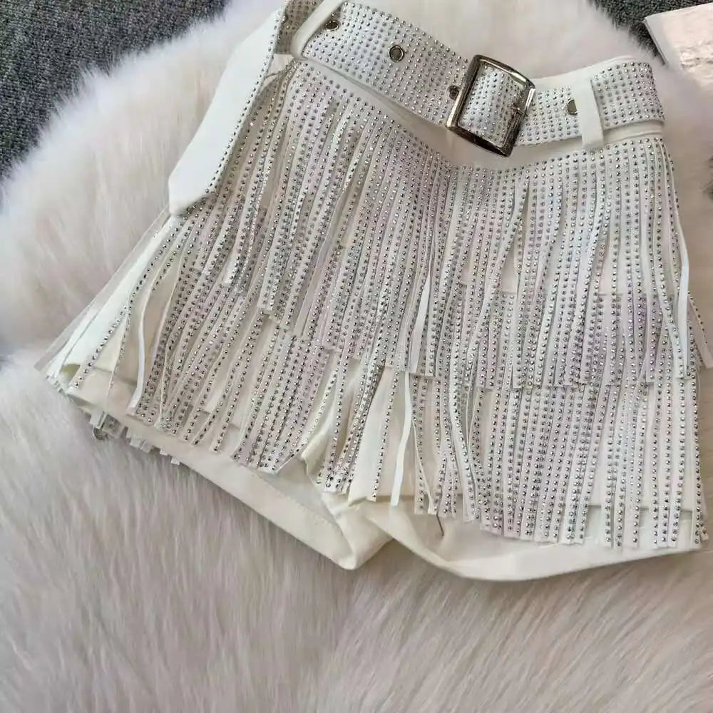 XFPV American Style Women's Shorts Summer Belt Gathered Waist Zipper Spliced Beading Tassel Shorts Female New Fashion 22D1803