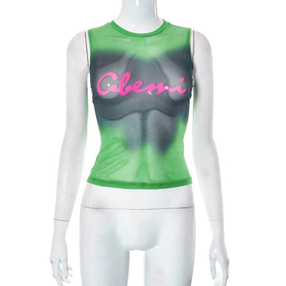 Simenual Fairy Grunge Tie Dye Printed Sleeveless Tank Top Sexy Mesh See Through Crop Tops Women Hot Club Vest Y2K Slim Clothing