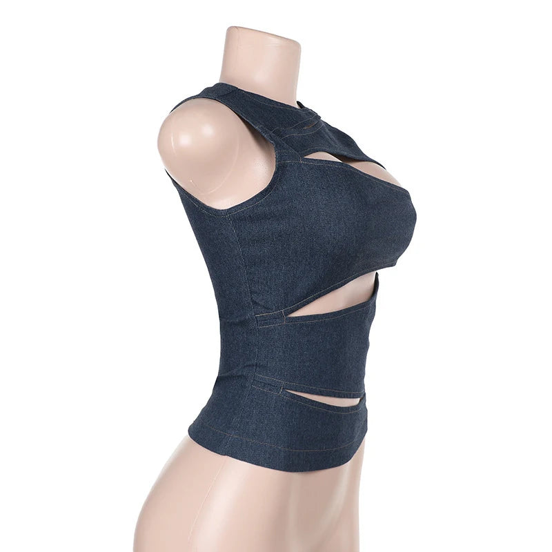 Women's Sleeveless Round Neck Vest Summer Solid Color Hollow Slim Vest Top Fashion Sexy Streetwear Women's Slim Vest Top