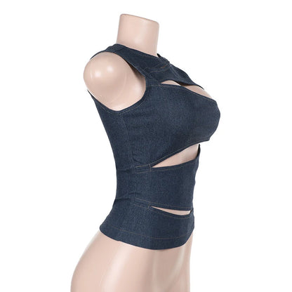Women's Sleeveless Round Neck Vest Summer Solid Color Hollow Slim Vest Top Fashion Sexy Streetwear Women's Slim Vest Top
