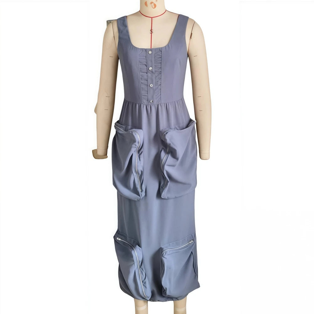 FAGADOER Elegant Cargo Pockets Patchwork Bodycon Long Dress for Woman Spaghetti Strap Backless Zip Dresses Casual Vestidos New