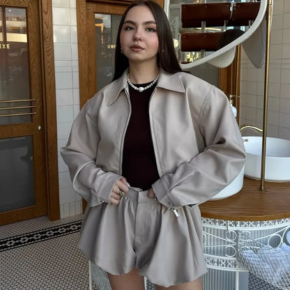 Tuularose Women's 2 Piece Fashion Lapel Zip Jacket Pleated Shorts Skirt Vintage Streetwear New Party  Autumn Female Short Sets