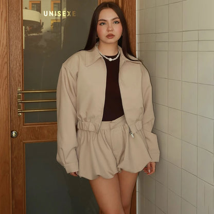 Tuularose Women's 2 Piece Fashion Lapel Zip Jacket Pleated Shorts Skirt Vintage Streetwear New Party  Autumn Female Short Sets