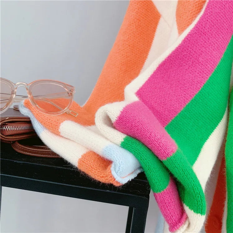 Joskaa Striped Patchwork Knitted Cardigan Women V-Neck Long Sleeve Single Breasted Sweater Coat Autumn 2023 Outwear Streetwear
