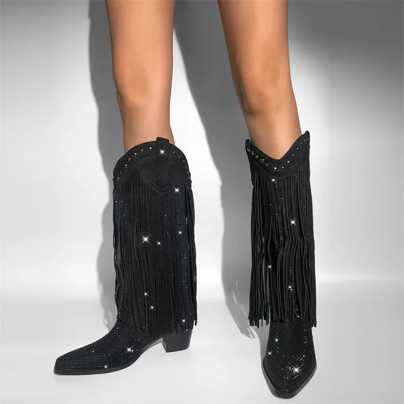 Onlymaker Women Sliver Rhinestone Fringe Knee High Western Boots Big Size Block Heel Pull-On Cowgirl Boots