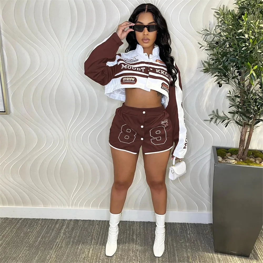 HLJ Letter Print Two Piece Outfits 2023 Autumn Winter Casual Sporty Baseball Coat Skirts Suits Detachable Buttons Y2k Streetwear