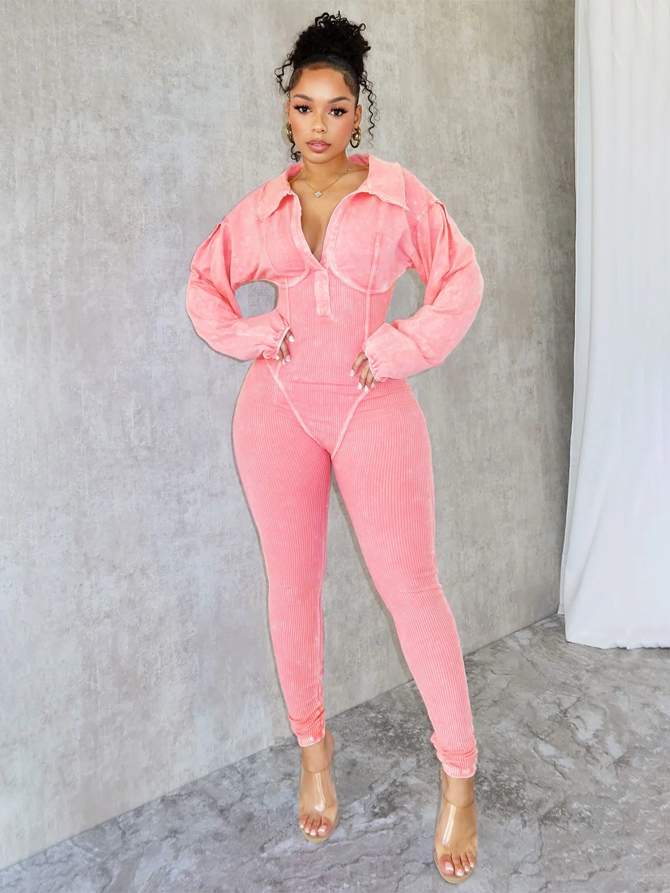 Women's Clothing 2025 Spring Summer New Fashion Bubble Sleeves Sexy Deep V Tight Waist Casual Long Sleeved Jumpsuit Pants