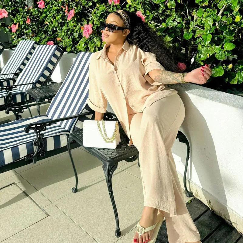 Pant Set Women Two Piece Sets Turn Down Collar Matching Sets Shirt Tops Casual Loose Wide Leg Long Pants Elastic Waist 2025