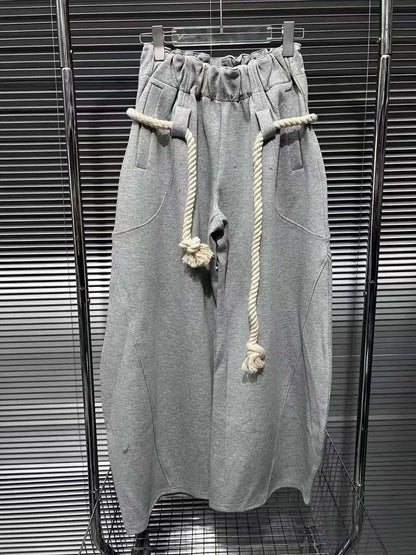 DEAT Fashion New Women's Cotton Rope Design Casual Pants 2024 Autumn Trendy Elastic High Waist Wide Leg Trousers Female 33A1851