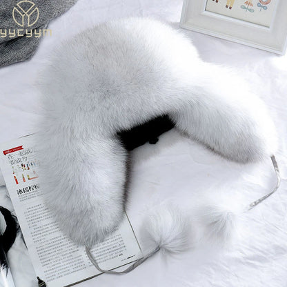 2025 100% Real Fox Fur Hats Women's Russian Ushanka Aviator Trapper Snow Skiing Hat Caps Earflap Winter Raccoon Fur Bomber Hat