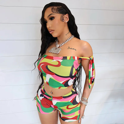 Joskaa Colorful Print Beach Style 2 Piece Sets Women Swimsuit Sexy Tube Tops and Shorts Matching 2025 Summer Bathing Suit
