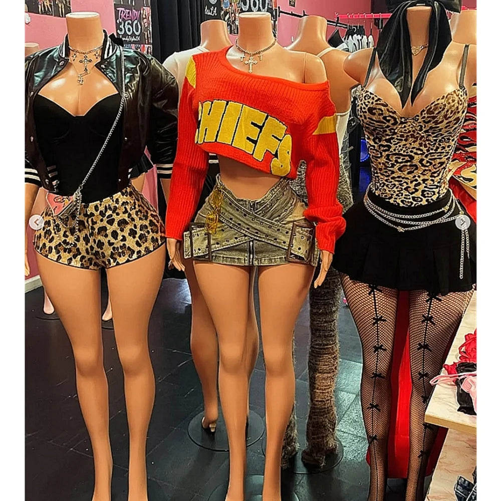 HLJ&GG Red Retro Letter Print Knitting Sweater 3 Piece Sets Women Round Neck Long Sleeve Crop Top And Denim Mini Skirts Outfits