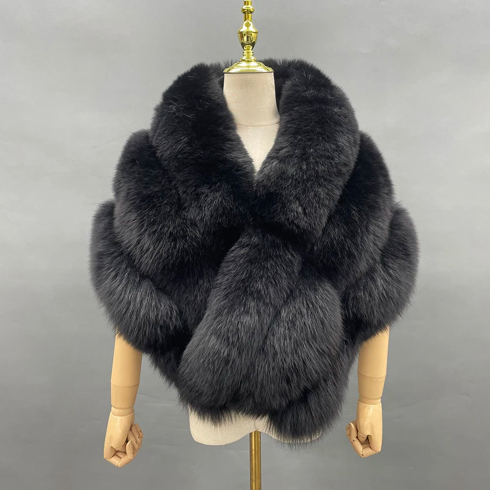 JANEFUR Real Fox Fur Shawl Poncho Women 2023 Luxury Elegant Wedding Bridal Formal Party Warm Winter Natural Fur Cape Coat