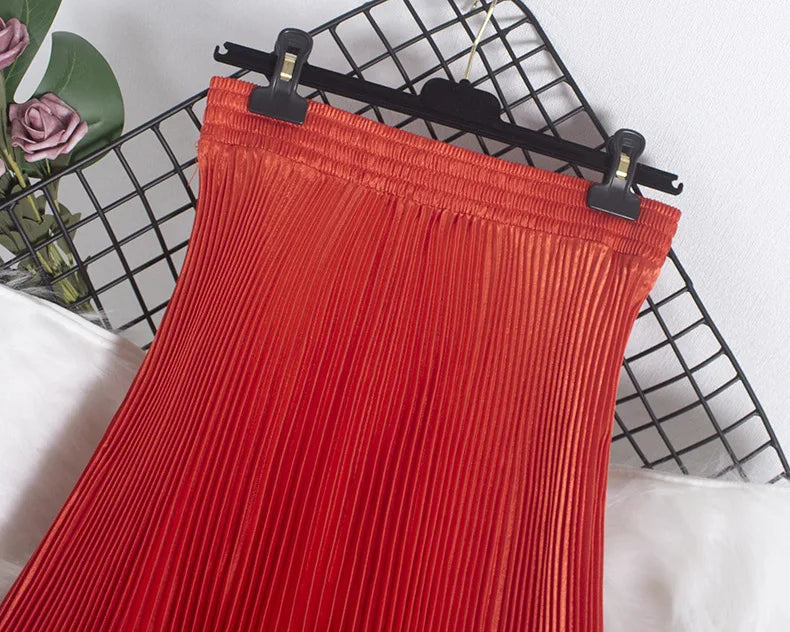 Women's Fashion Pleated Mermaid Long Skirt Korean Style Casual High Waist Satin Flowy Skirts Shiny 19 Colors 2024 Spring SK500