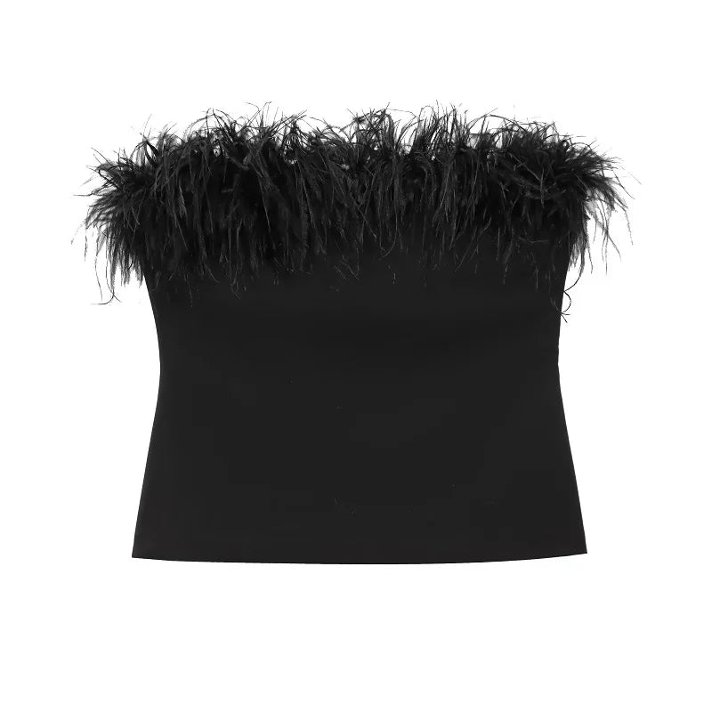 MUJER Black Feather Crop Top Women off Shoulder Corset Top Female Sexy Backless Tube Tops for Women Strapless Bustier Top Woman