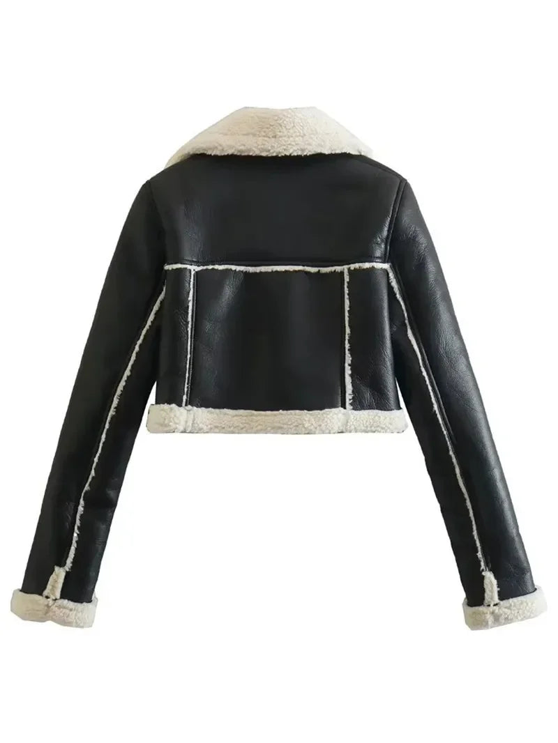 Winter New Women's Faux Fur Lined Short Jacket Double-sided Zipper Collar Leather And Fur Double-sided Short Coat