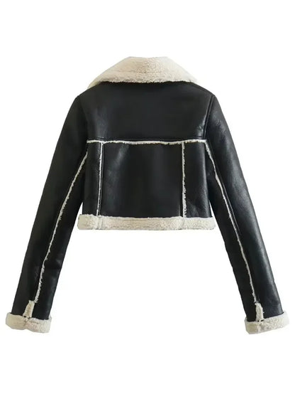Winter New Women's Faux Fur Lined Short Jacket Double-sided Zipper Collar Leather And Fur Double-sided Short Coat