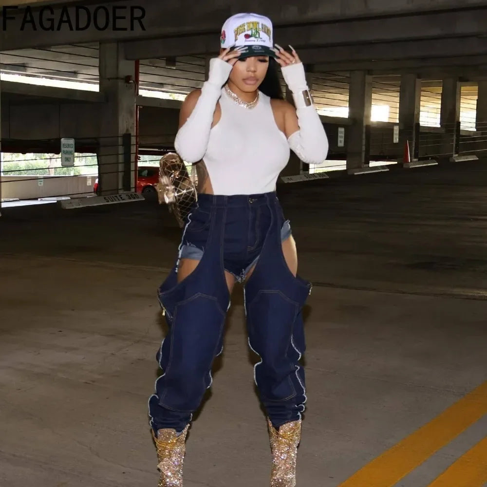FAGADOER Hollow Out Sexy Denim Pants Women Irregular High Waist Cargo Patchwork Elasticity Jeans Hot Girl Y2k Streetwear Bottoms