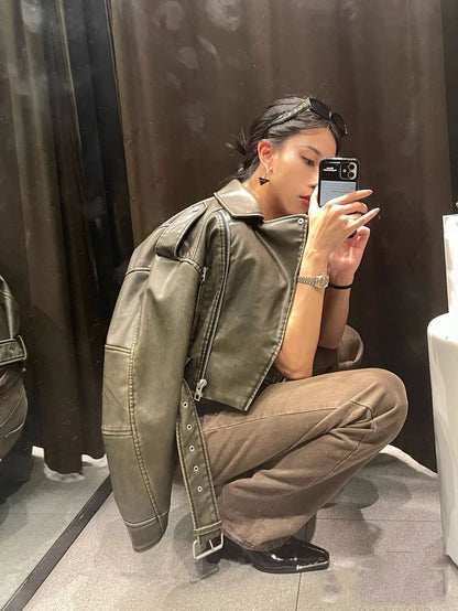 RARF Women's new vintage wash to do old short lapel long sleeve loose pu imitation leather jacket coat