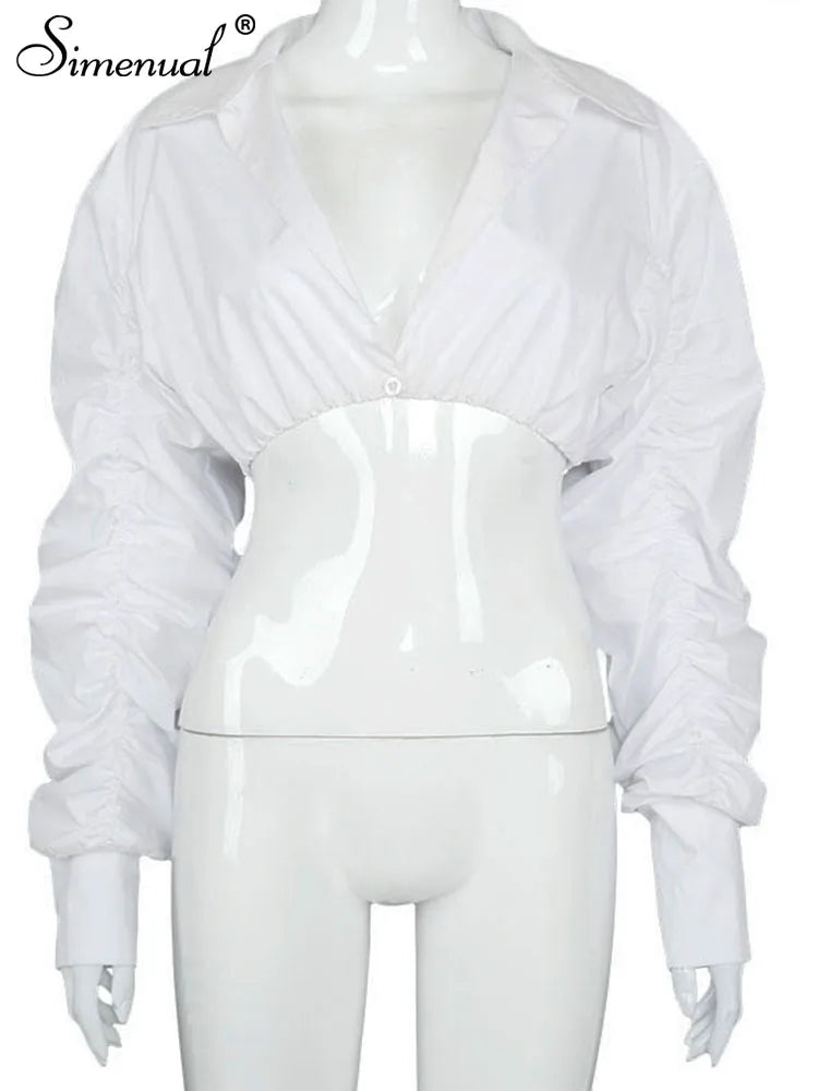 Simenual Button Ruched White Puff Sleeve Blouse Shirts Women Long Sleeved Fashion Fall 2021 Clothing Crop Blouses Solid Baddie